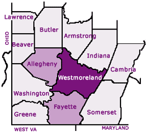 Map of Westmoreland and surrounding counties